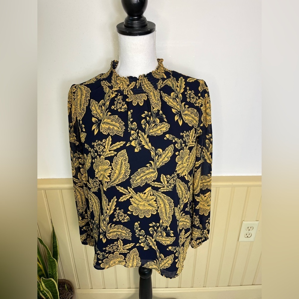 J Crew Smocked Ruched Chiffon Regal Gold Navy Floral Coquette Blouse Women Sz XS